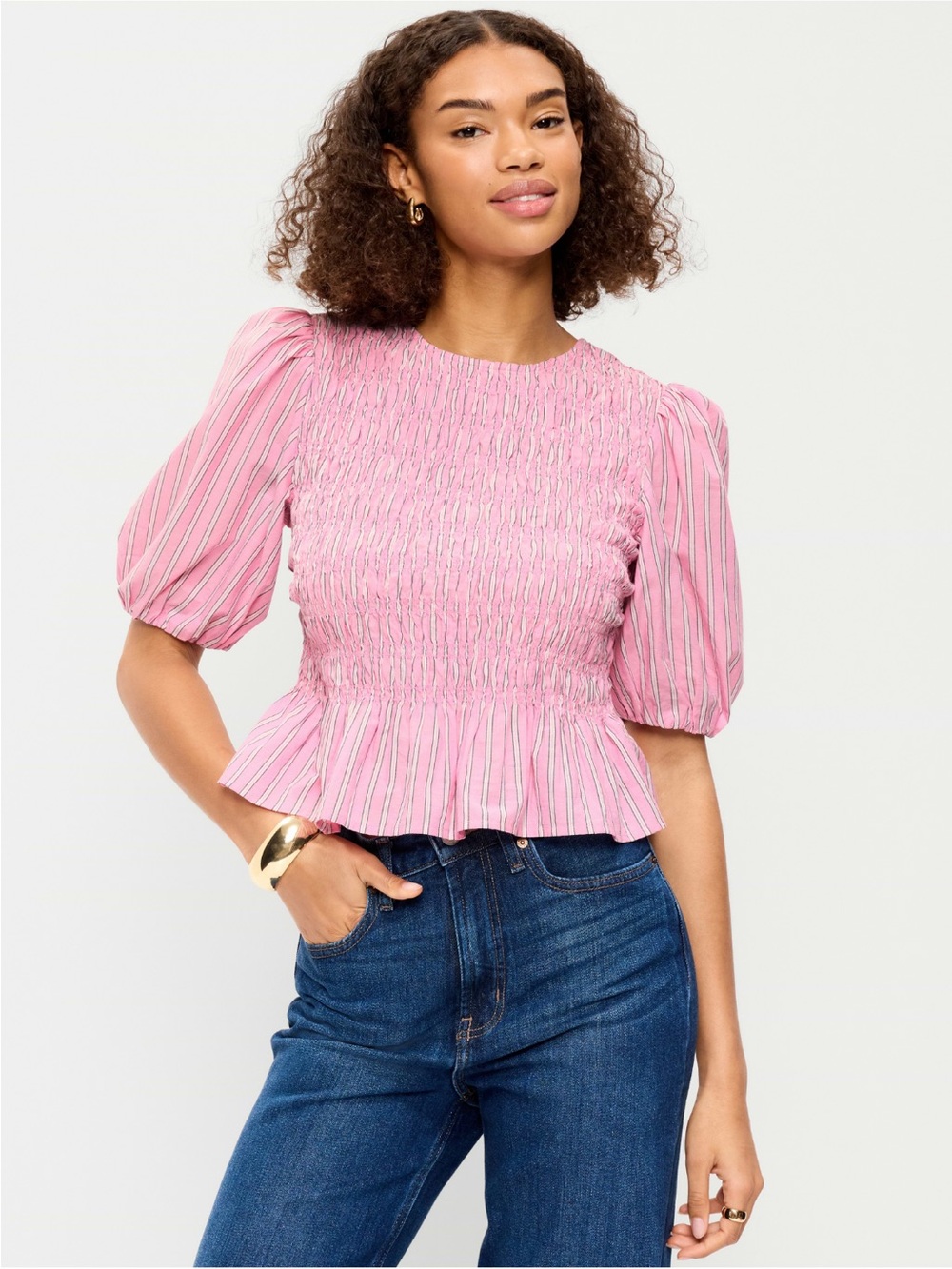 Pink Puff-Sleeve Peplum Top